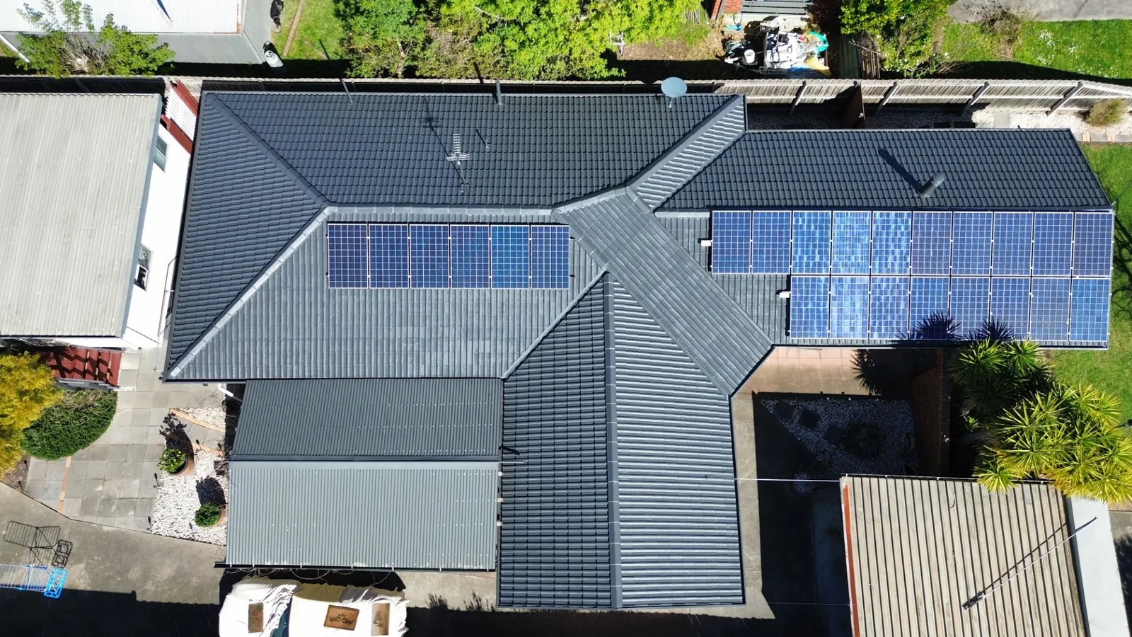 aerial view of a restored charcoal tile roof on a Gippsland home